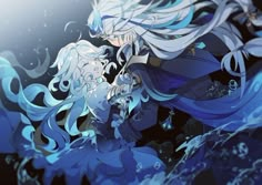 an anime character with long white hair and blue eyes, standing in the middle of water