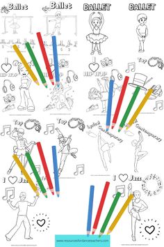 coloring pages for children to color with music notes and colored pencils in the background