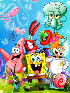 spongebob and friends with bubbles in the background, all looking like they are having fun