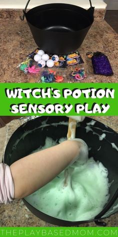 the witch's potton sensory play is an easy halloween activity for kids