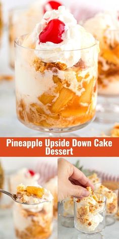 pineapple upside down cake dessert with whipped cream and fruit toppings in glass dishes