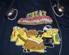 a close up of a person wearing headphones and a t - shirt with the words great commutions on it