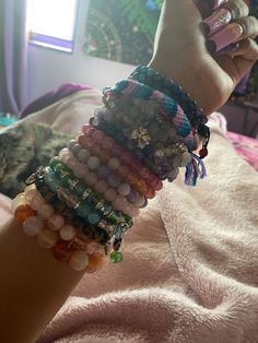 bracelets Nails And Bracelets, Wrist With Bracelets, Bunch Of Bracelets On Wrist, Bracelet Collection Aesthetic, Beaded Bracelets Stacked, Bracelet Asethic, Y2k Bracelets Aesthetic, Pinterest Wrist Bracelets, Wrist Full Of Bracelets