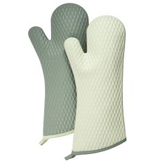 two oven mitts on top of each other with white and green trimmings