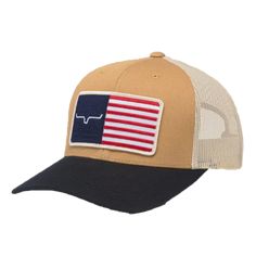 Style number: S22-01202WWB. Work wear brown cotton twill front. Black curved brim with 8 stitch detailing. Cream polyester mesh back and side panels. Embroidered American flag logo patch on front. Adjustable snapback closure. Mid-profile. X-fit cap. One size fits most. 50% cotton, 25% polyester, 25% nylon. Brown Trucker Hat With Curved Bill For Sports, Brown Sports Trucker Hat With Curved Bill, Brown Cotton Trucker Hat With Embroidered Logo, Brown Cotton Trucker Hat With Curved Bill, Brown Cotton Flat Brim Trucker Hat, Brown Cotton Trucker Hat With Flat Brim, Brown Cotton Trucker Hat With Logo Patch, Brown Cotton Trucker Baseball Cap, Brown Cotton Six-panel Trucker Hat