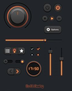 a set of buttons and controls on a black background with orange lights around the buttons