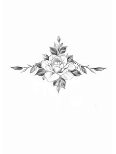 a black and white drawing of a flower with leaves on the bottom half of it