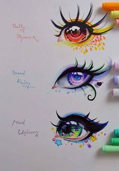 an image of eyeliners drawn on paper with crayons and marker pens