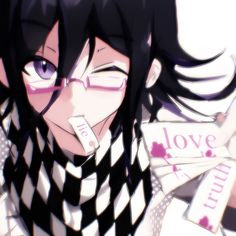 an anime character with glasses and long black hair holding up some cards that say love