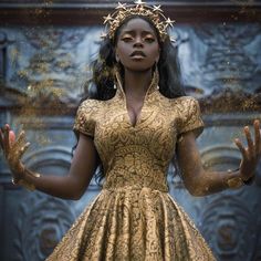 a woman in a golden dress with her hands out and gold dust all over her face