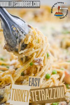 a fork full of pasta with the words easy turkey tetrazzini on it