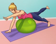 a woman is doing exercises on an exercise ball