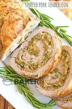 sliced meatloaf with herbs on a white plate