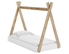 a bed frame with two wooden posts attached to the side and a white pillow on top