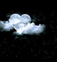 a heart shaped cloud floating in the air with stars and clouds around it on a black background