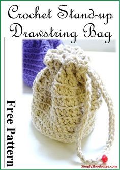 the crochet stand up drawstring bag is shown with text overlay