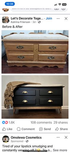 two different pictures of an old dresser