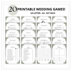 the printable wedding game is shown in green and white