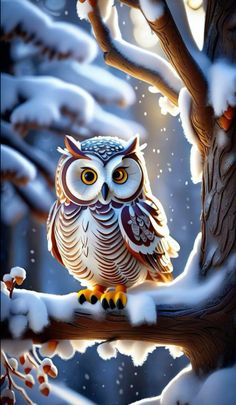 an owl is sitting on a snowy branch