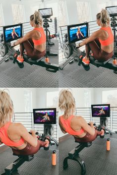 there is a woman sitting on a chair in front of a tv and doing exercises