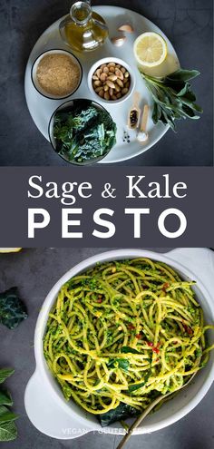 pasta and kale pesto in a white bowl with spoons on the side