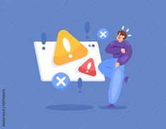 concept of problem notification. error detected. error in system and software. warning sign appears on window. illustration of a man getting danger warning. flat style design. element Stock Vector | Adobe Stock