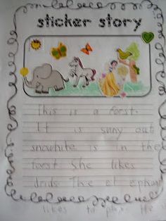 a children's writing paper with an elephant and other animals on it, in the shape of a sticker story