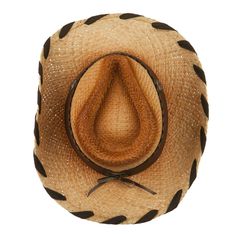 Raffia Leatherette Cowboy HatMade of 100% raffia straw.One size fits most for ladies, fitting up to 57 cm.Fitted with an inner elastic tie band.Adult/Woman.Crown measures 5 inches high.Brim measures 3 1/2 inches long.Hand wash only.Imported. Western Urban style woman's raffia cowboy hat with hatband.Pinched tear-shaped top crown.Crown is accentuated with a metal detailed leatherette hatband.Side brim is naturally upturned, wired brim.Woven ribbon trim along the edge of brim.Our raffia cowboy hat Adjustable Straw Hat For Rodeo With Short Brim, Brown Braided Fedora Straw Hat, Brown Woven Straw Hat Bands, Adjustable Brown Fedora Straw Hat, Brown Adjustable Fedora Straw Hat, Adjustable Brown Straw Hat With Short Brim, Brown Straw Fedora Hat, Brown Fedora Straw Hat, Adjustable Brown Woven Fedora