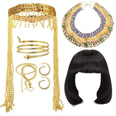 PRICES MAY VARY. Complete Egyptian Costume Set: you will receive 1 piece of black bob wig, 1 piece of Cleopatra costume collar, 1 piece of tassel head chain, 1 piece of snake arm cuff, 1 piece of finger ring bracelet and 1 pair of gold earrings; The complete and stylish combination can meet your holiday dress up needs Attractive and Distinctive: the black wig with bangs and Egyptian accessories for women are distinctive and delicate, the jewelry is featured with snake shapes and patterns, vivid Costumes Women Egyptian, Cleopatra Outfit, Egyptian Headpiece, Snake Arm Cuff, Costume Collar, Finger Ring Bracelet, Egyptian Halloween, Gold Arm Cuff, Egyptian Accessories