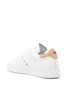 white calf leather panelled design decorative stitching round toe logo-print tongue branded heel counter branded leather insole logo at the rubber sole front lace-up fasteningHeel 1,2 in / 3 cm; Platform 0,8 in / 2 cm Leather Sneakers Men, White Sneakers Men, Italian Luxury Brands, Formal Loafers, Decorative Stitching, Leather Cap, Mens Gloves, Sneaker Heels, Designer Sneakers