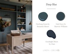 the color scheme for deep blue is shown in this image and below it is an empty desk