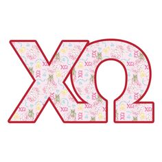 the letter xo is made up of flowers and butterflies on pink fabric with red trim