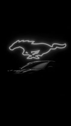 a car is shown in the dark with a neon horse on it's head