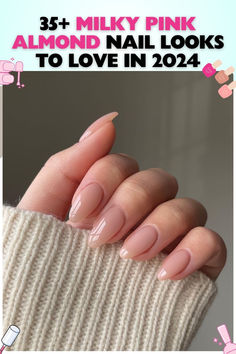 Discover the charm of milky pink almond nails that are setting trends in 2024. Perfect for any occasion, these subtle yet stylish designs are a must-try for the fashion-forward. Sheer Pink Acrylic Nails Almond, Milky Pink Almond Nails Chrome, Light Pink Almond Nails Design, Short Natural Almond Nails, Milky Pink Nails Gel, Neutral Almond Nails Classy, Neutral Nails Almond Shape, Nude Pink Almond Nails, Pink Almond Nail Ideas