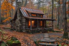 a small log cabin in the woods surrounded by leaves and trees with autumn foliage around it