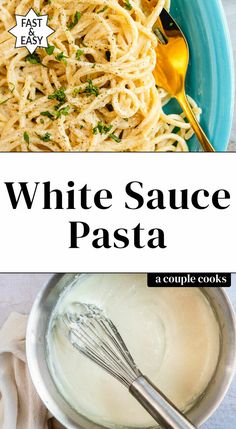 white sauce pasta in a blue bowl with a spoon and fork next to it on a table