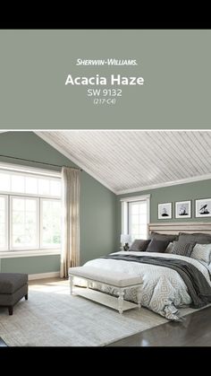 a bedroom with gray walls and white trim on the ceiling is featured in this article