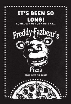 a black and white poster with an image of a teddy bear holding a piece of pizza