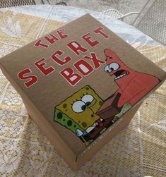 the secret box is open on top of a table with an image of spongebob