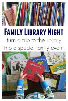 a child is holding up a book in front of bookshelves with the words family library night