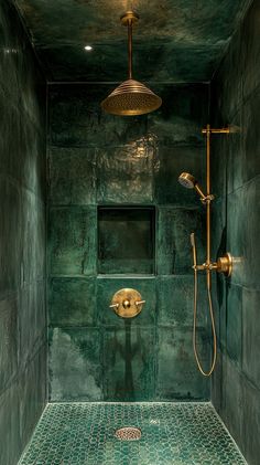 - https://howcandothis.com/homedecoration/moroccan-zellige-tiles/ Deep Green Tile Bathroom, Tile Shower Ideas Colorful, Moroccan Design Kitchen, Shiny Tile Bathroom, Dark Green Tile Shower Bathroom, Emerald Tile Shower Ideas, Bathroom Interior Design Aesthetic, Green Zellige Tiles, Emerald Green Kitchen Tiles