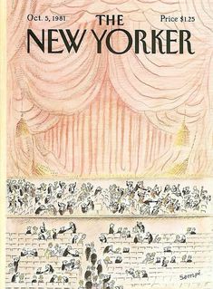 an advertisement for the new yorker, which features cats and dogs on stage in front of a curtain