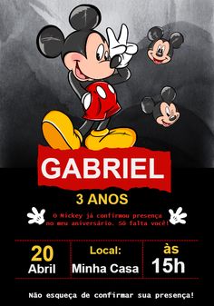 an advertisement for a mickey mouse event with the name gabril and two cartoon characters