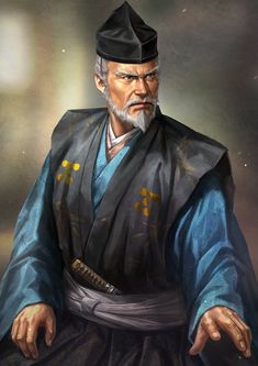 an old man with a black hat and blue robe is holding his hands out to the side