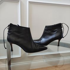 Manolo Blahnik Pointed To Lace Up Ankle Boots. Soft Supple Black Leather. Size Women's 36.5. Good Condition With Minor Scuffs On The Toes As Shown By Last Photo. Not Noticeable When Wearing. Elegant Lace-up Boots Medium Width, Formal Boots With Wrapped Heel For Fall, Elegant Lace-up Heeled Boots For Formal Occasions, Formal Lace-up Heeled Boots For Fall, Lace-up Boots With 4-inch Heel For Formal Occasions, Formal Ankle-high Heeled Boots With Wrapped Heel, Formal Lace-up Boots With 4-inch Heel, Formal Lace-up Heeled Boots With Reinforced Heel, Chic Formal Lace-up Heeled Boots