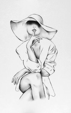 a black and white drawing of a woman in a hat sitting on the ground with her hand under her chin