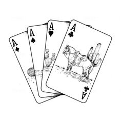 four playing cards with horses and cactuses in the middle, on top of each other