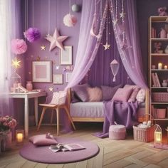 a bedroom decorated in purple and pink with stars hanging from the ceiling, lights on the bed, bookshelves