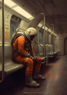 a man in an orange space suit sitting on a subway car looking out the window