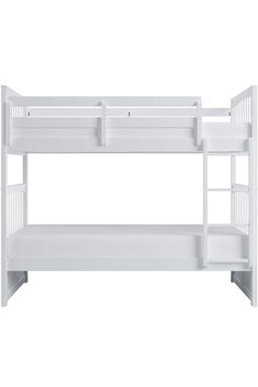 the bunk bed is white and has two rails on each side, with one shelf below it